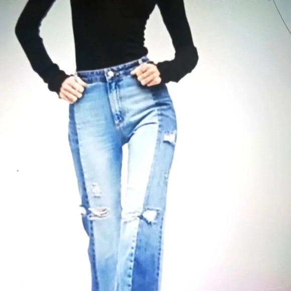 Free People Denim - Free People two toned straight leg distressed women's jeans size 27